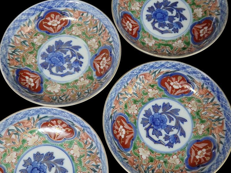大聖寺伊万里　色絵　花鳥紋の図　４寸皿　４客　A541AS-CVu