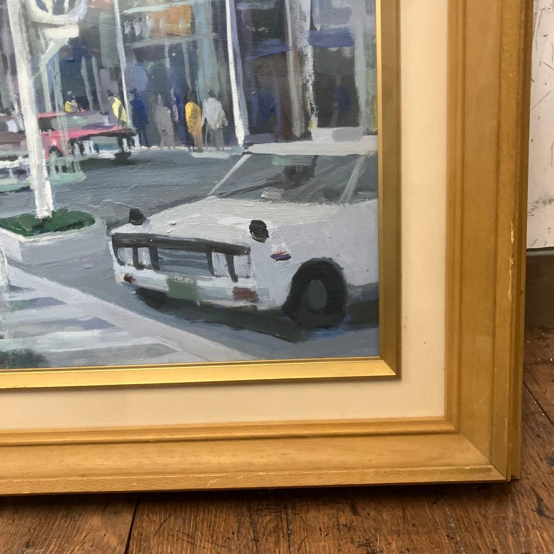 昭和レトロ 商店街街並み 風景画 油絵 油彩画 絵画 額装 木製 額縁 繁華街