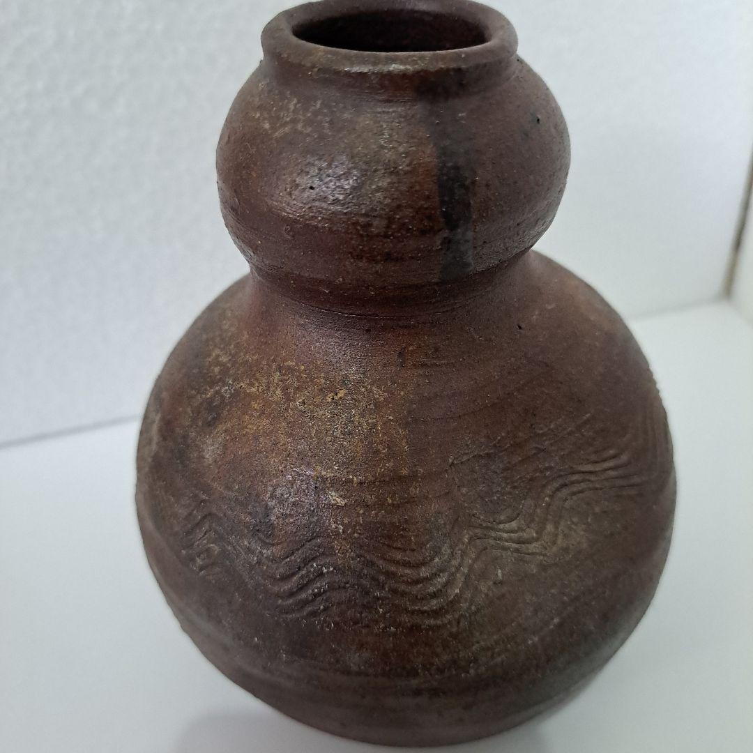すずらん 桃山時代　古備前焼　花入 掛け用　瓢箪型　竹へら波図　茶道具