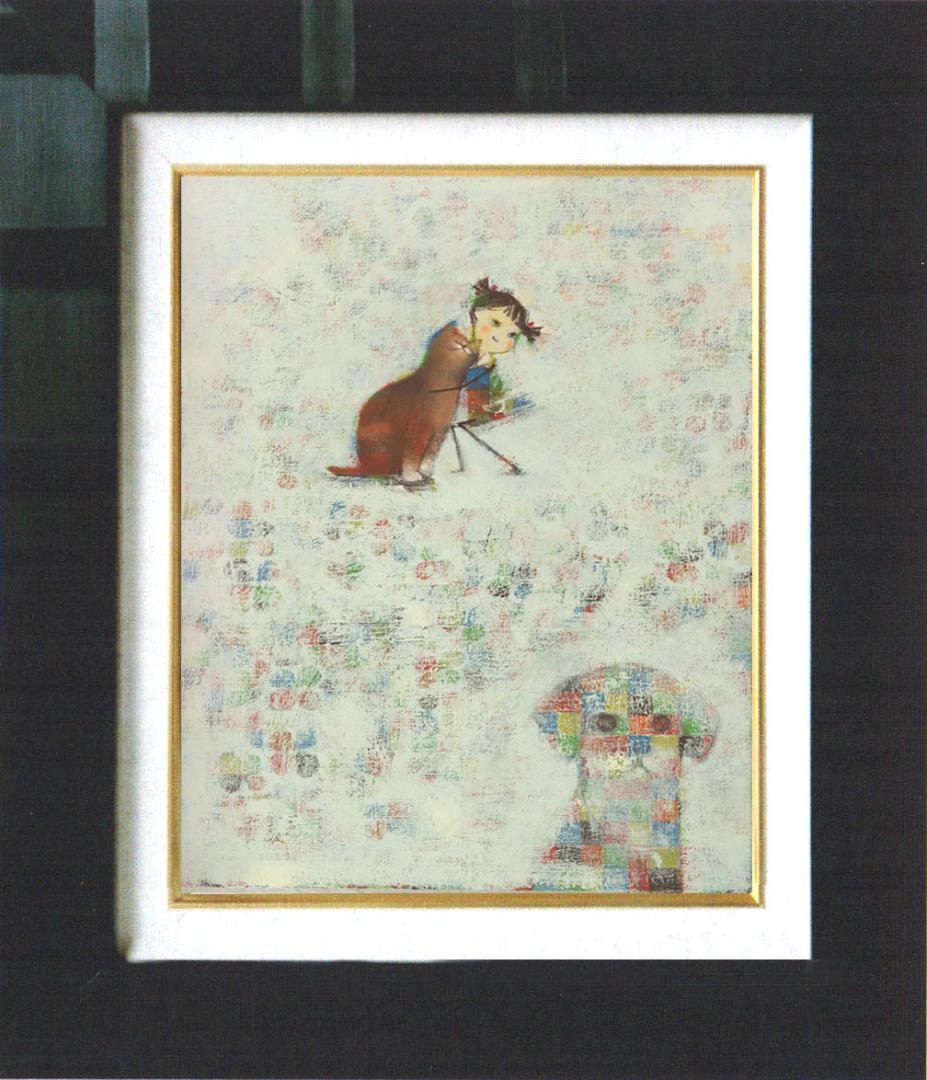 油絵 菅家令子 絵 絵画インテリア額付(黒) F4-072419 子猫犬 女の子