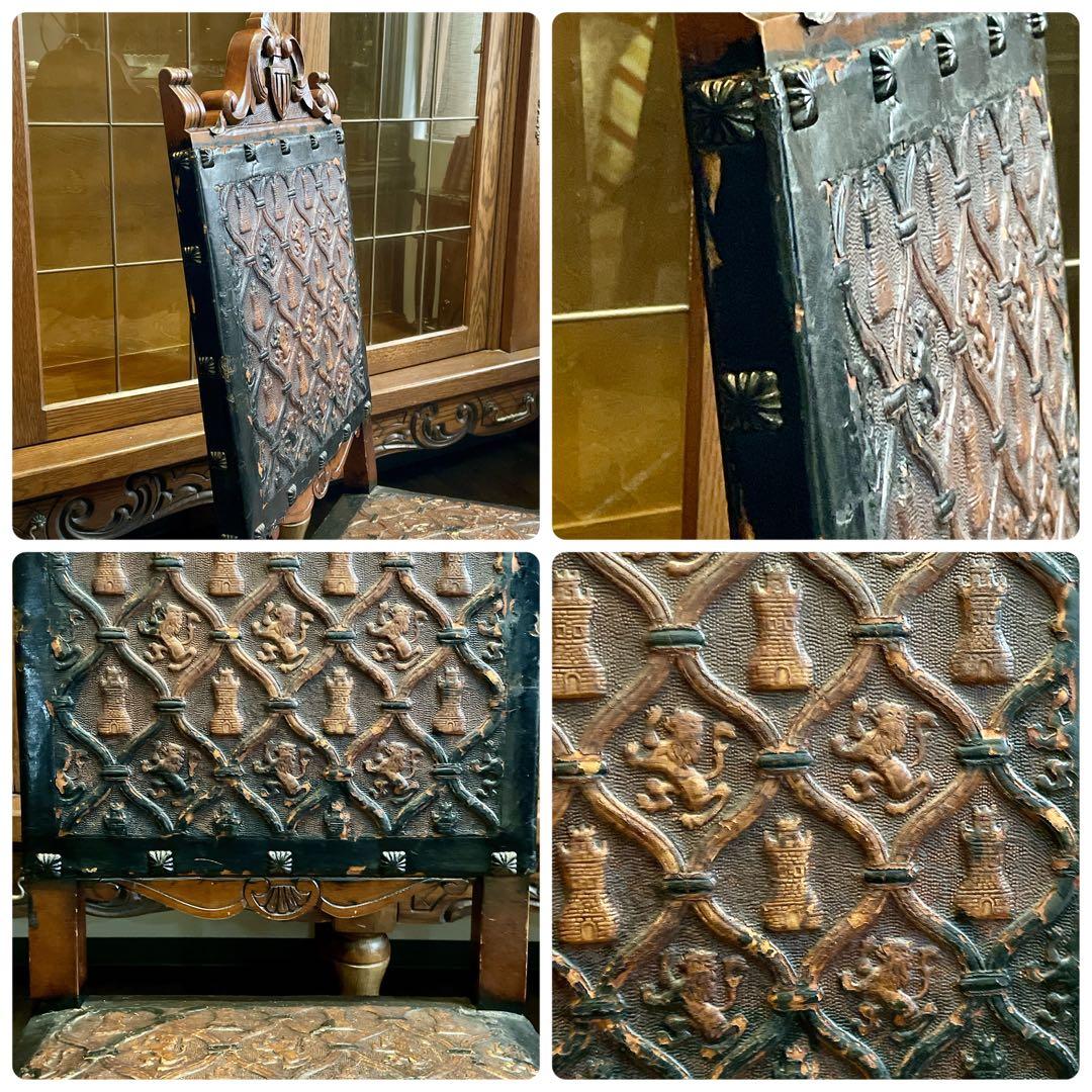 r107 スペイン製 本革型押し 迫力のある力強い印象のアンティークチェア4脚