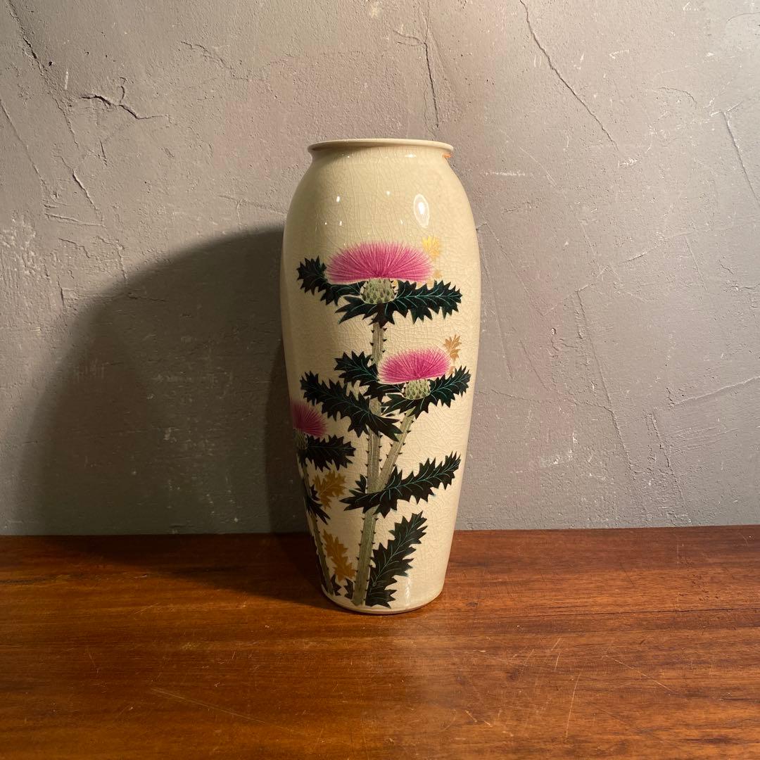 時代物 九谷焼 武腰泰山 アザミ図 花瓶 骨董品 時代物 共箱 大正 昭和初期