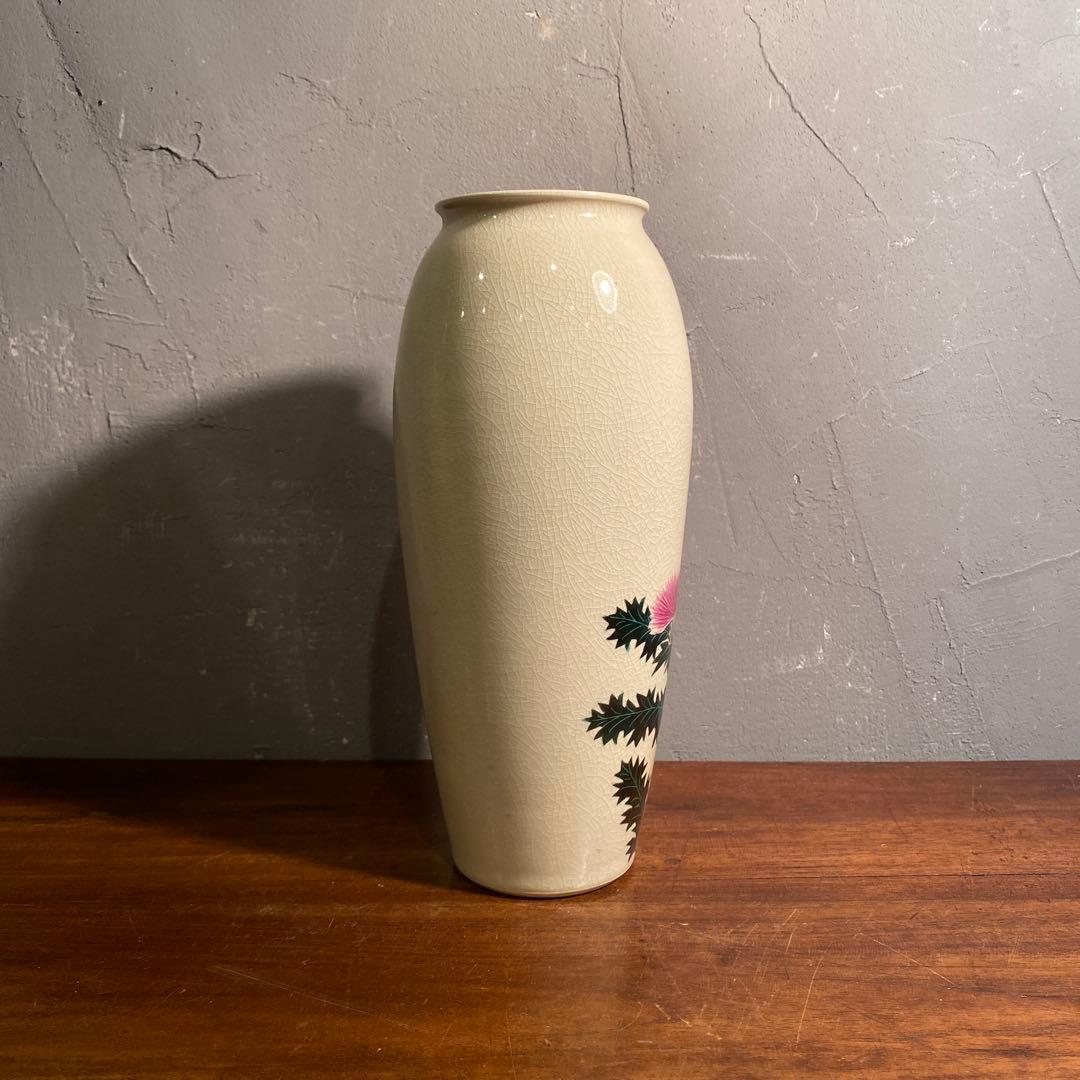 時代物 九谷焼 武腰泰山 アザミ図 花瓶 骨董品 時代物 共箱 大正 昭和初期