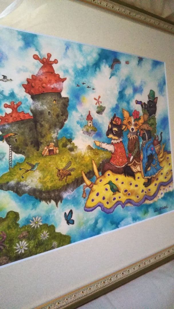 特別価格★【原画】『ウミウシに乗って』（風景画　空の絵　チワワ　黒猫　手描き）