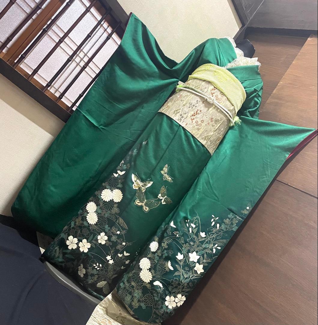 振袖 フルセット6点サイズM〜Ｌ花蝶文　金銀彩　正絹
