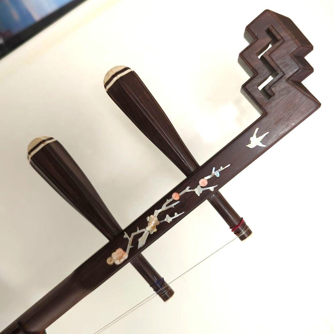 胡涵柔製作 最上級明清老紅木 未使用 螺鈿花 回紋頭 二胡5