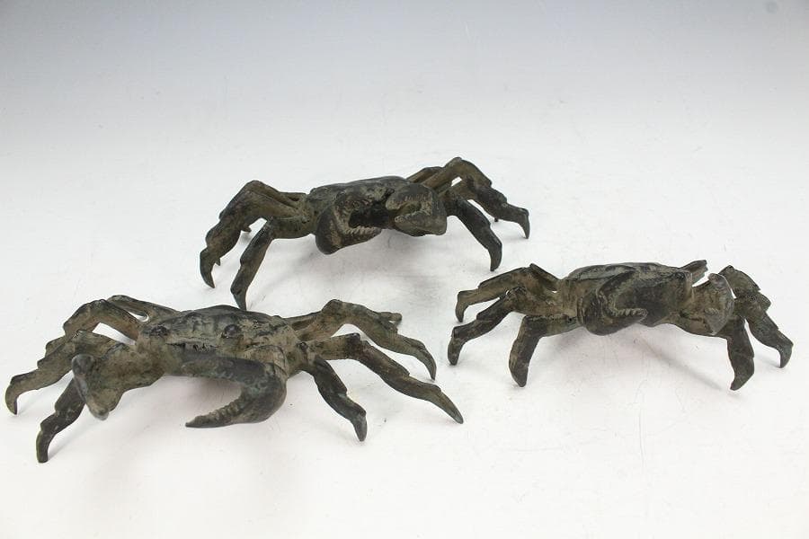 華道 古銅 蟹 飾 置物 三体(K-A987)