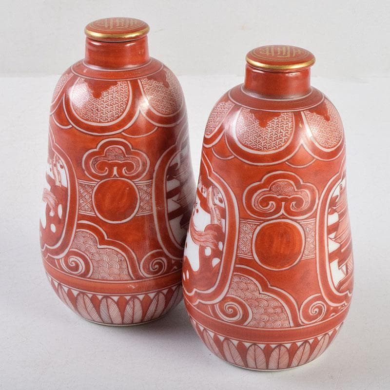 九谷焼　古九谷　赤絵　花鳥文　徳利　在銘　一對　時代箱付　V　R9270