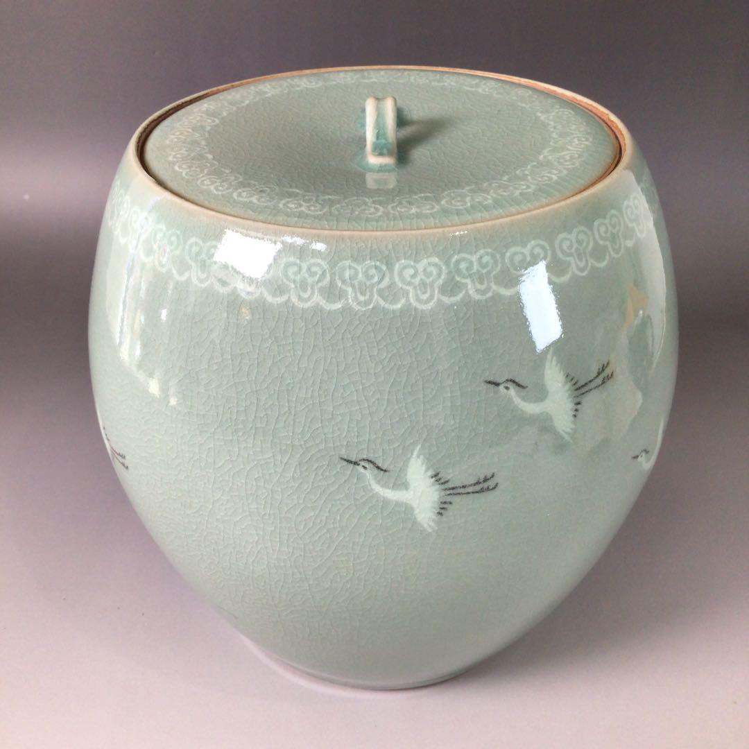 Ｒ９７６　水指　『如泉窯　李連休造』『雲鶴文』『高麗青磁水指』　共箱　茶道具