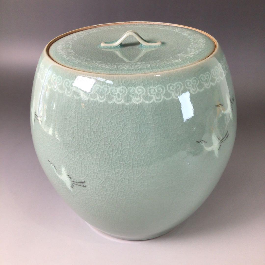 Ｒ９７６　水指　『如泉窯　李連休造』『雲鶴文』『高麗青磁水指』　共箱　茶道具