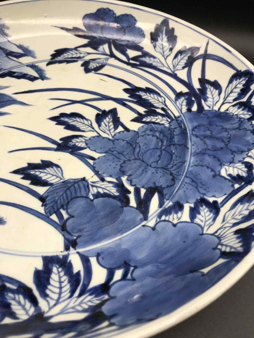 美術 大明成化年製　在銘　染付海水龍紋大盤　古物保証(A-7)