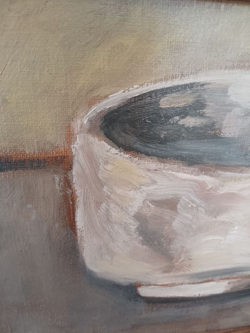 茶碗。油彩画。 白い陶器の絵。26x19