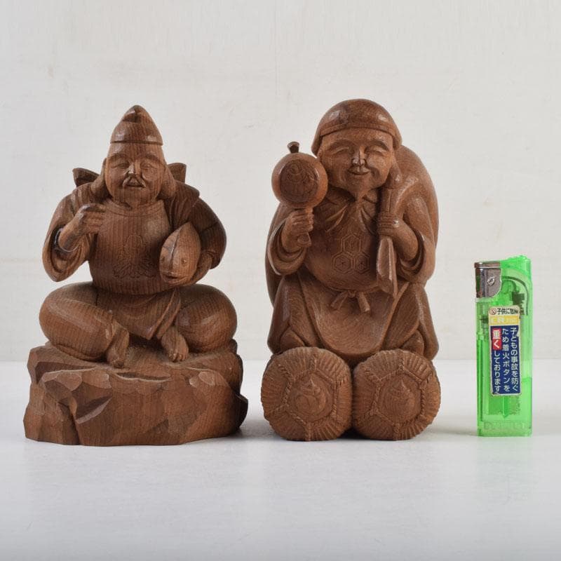 木彫　欅製　恵比寿像　大黒像　一双　在銘　共箱　C　9145