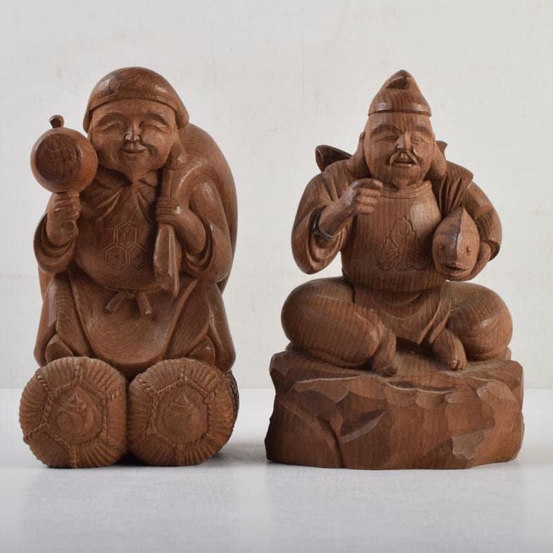 木彫　欅製　恵比寿像　大黒像　一双　在銘　共箱　C　9145