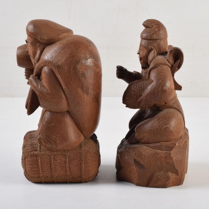 木彫　欅製　恵比寿像　大黒像　一双　在銘　共箱　C　9145