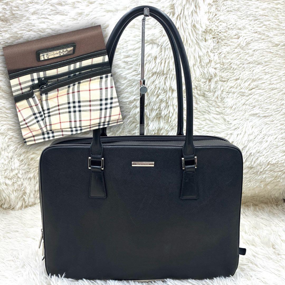 バーバリー サフィアーノレザー ノバチェック ビジネスバッグ ブラック 黒 A4
