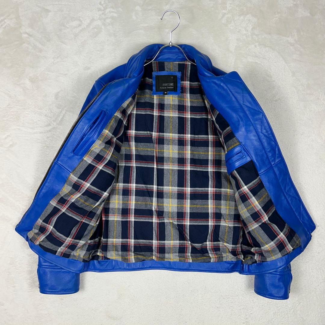 極希少☆FORTIME 牛革 シングルライダースジャケット レザー チェック