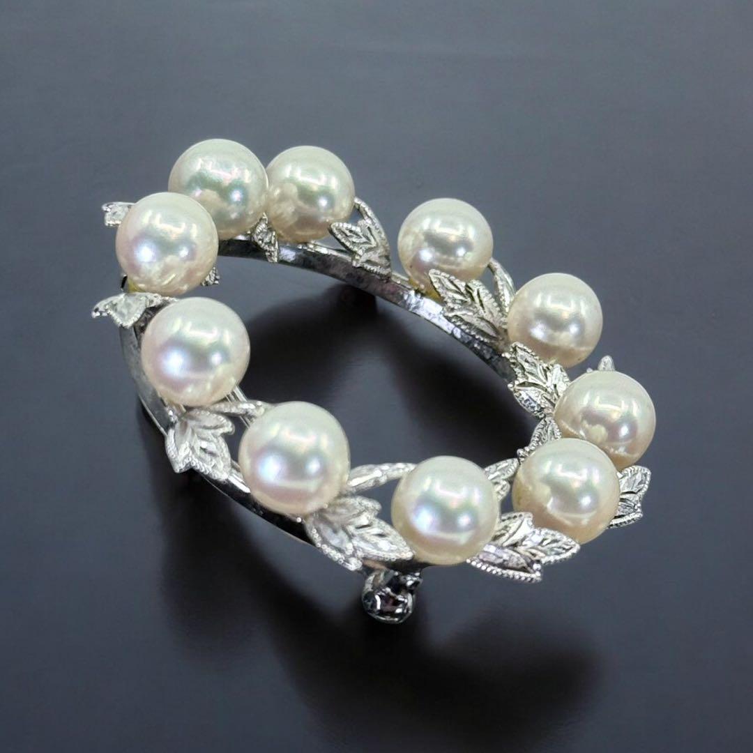 【極上】ミキモト　アコヤ　本真珠　パール　ブローチ　シルバー　サークル　リーフ