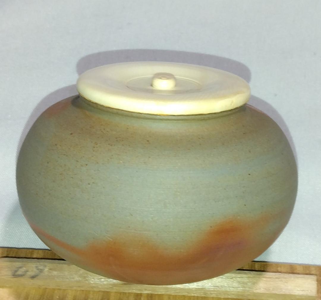 茶道具　備前焼茶入　木村陶峰作　備前焼火襷文中海茶入　藤種緞子仕覆付　美品！！