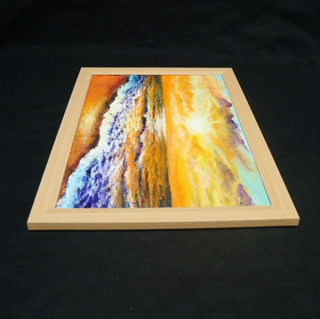 油絵 油彩 油彩画 絵 絵画【夕日に染まる海】A4