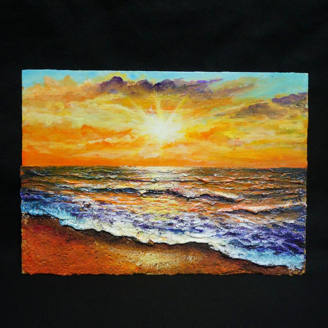 油絵 油彩 油彩画 絵 絵画【夕日に染まる海】A4