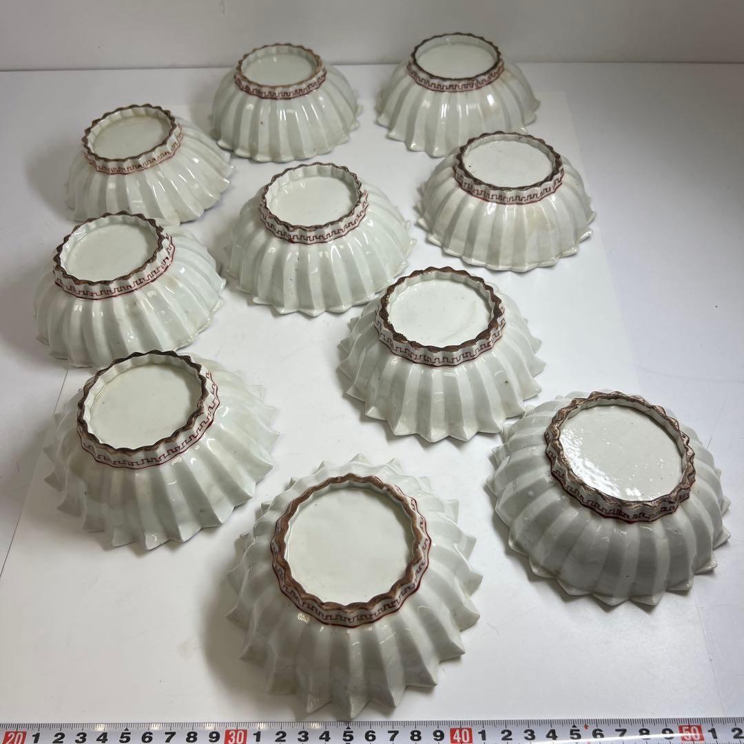 江戸中後期古伊万里赤絵花図　ギザギザ向付10客　木箱付　幅約12.7㎝　トトオサ