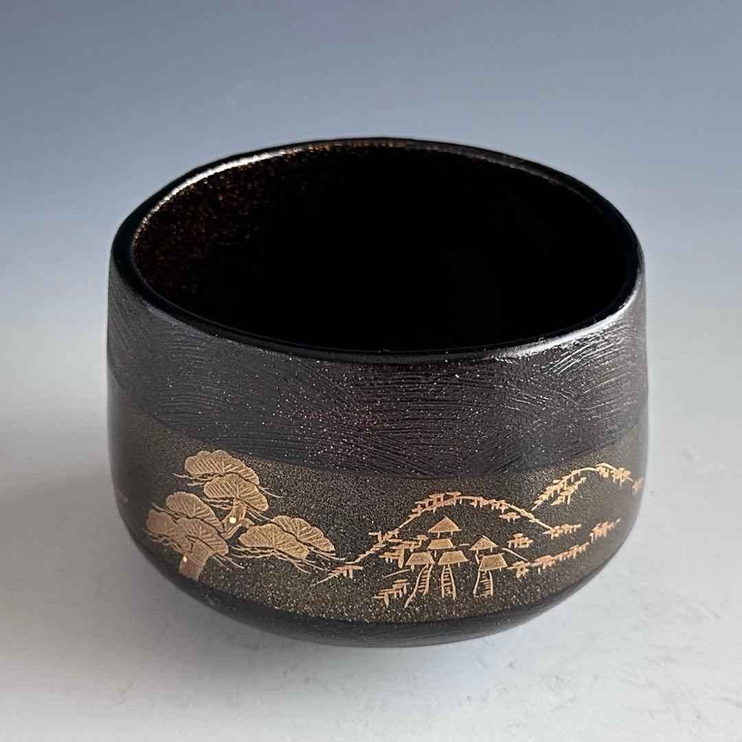 茶道具　乾漆　山寺絵　茶碗　吉田華正　共箱　加賀蒔絵　山形　松尾芭蕉　奥の細道