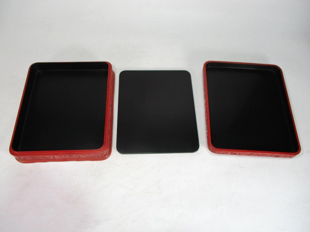 堆朱　漆器　山水図　文庫　文箱　硯箱　木製　緻密彫刻　文房具　中国美術　時代物