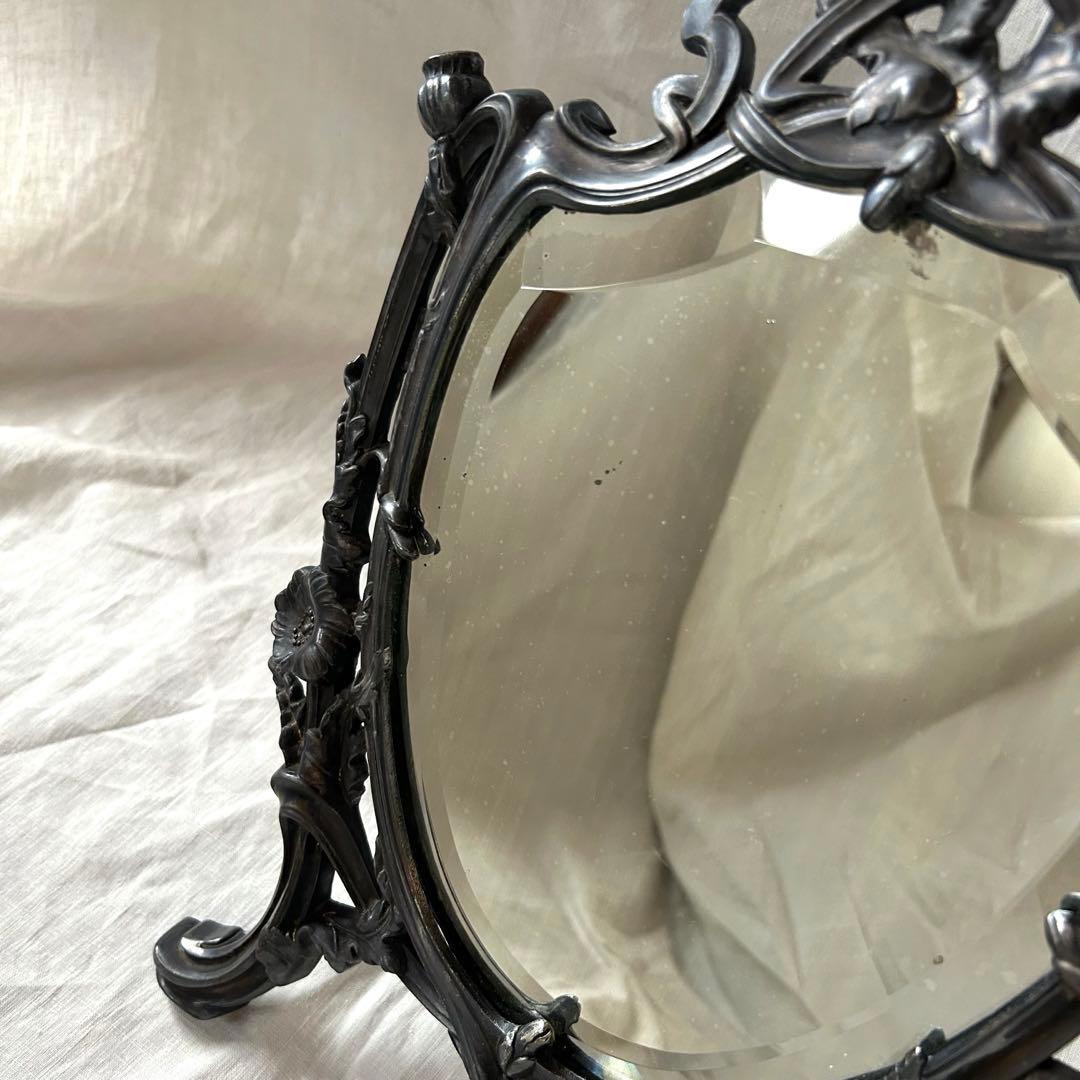 希少　フランスアンティーク　真鍮　スタンドミラー ビゾテ加工 ロココ調 卓上鏡