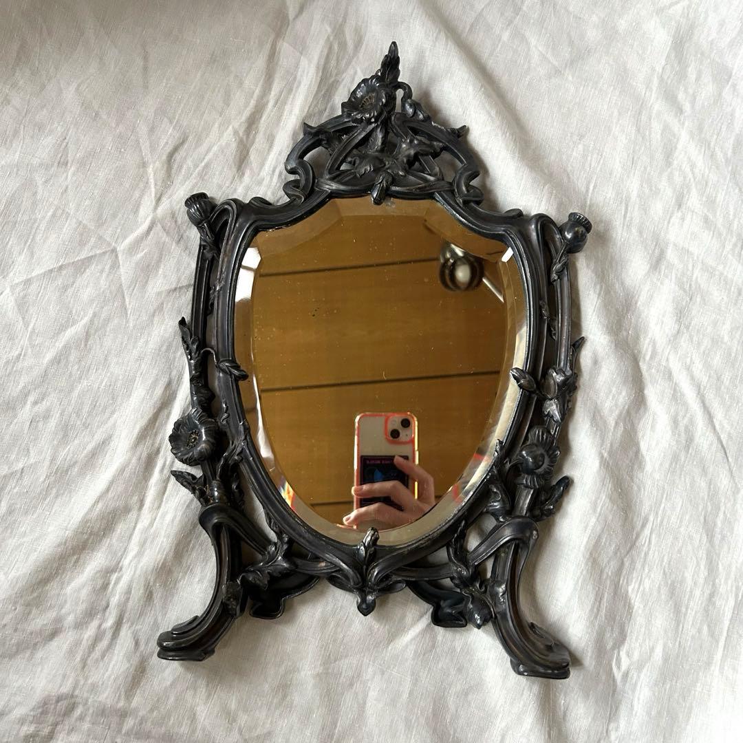 希少　フランスアンティーク　真鍮　スタンドミラー ビゾテ加工 ロココ調 卓上鏡