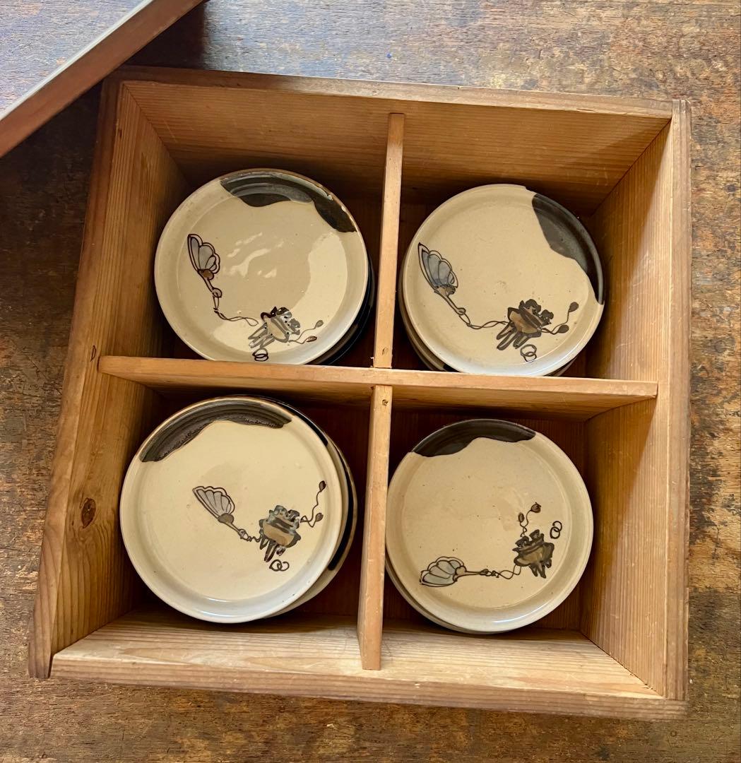時代　茶道具柄　手塩皿まとめて箱入り　織部　小皿　アンティーク　古道具　古陶磁器