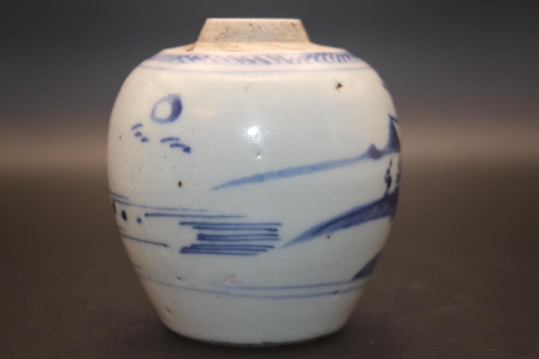 【海】古染付　清時代　人物山水絵中壺　本物保証！ 骨董品 時代品 美術品