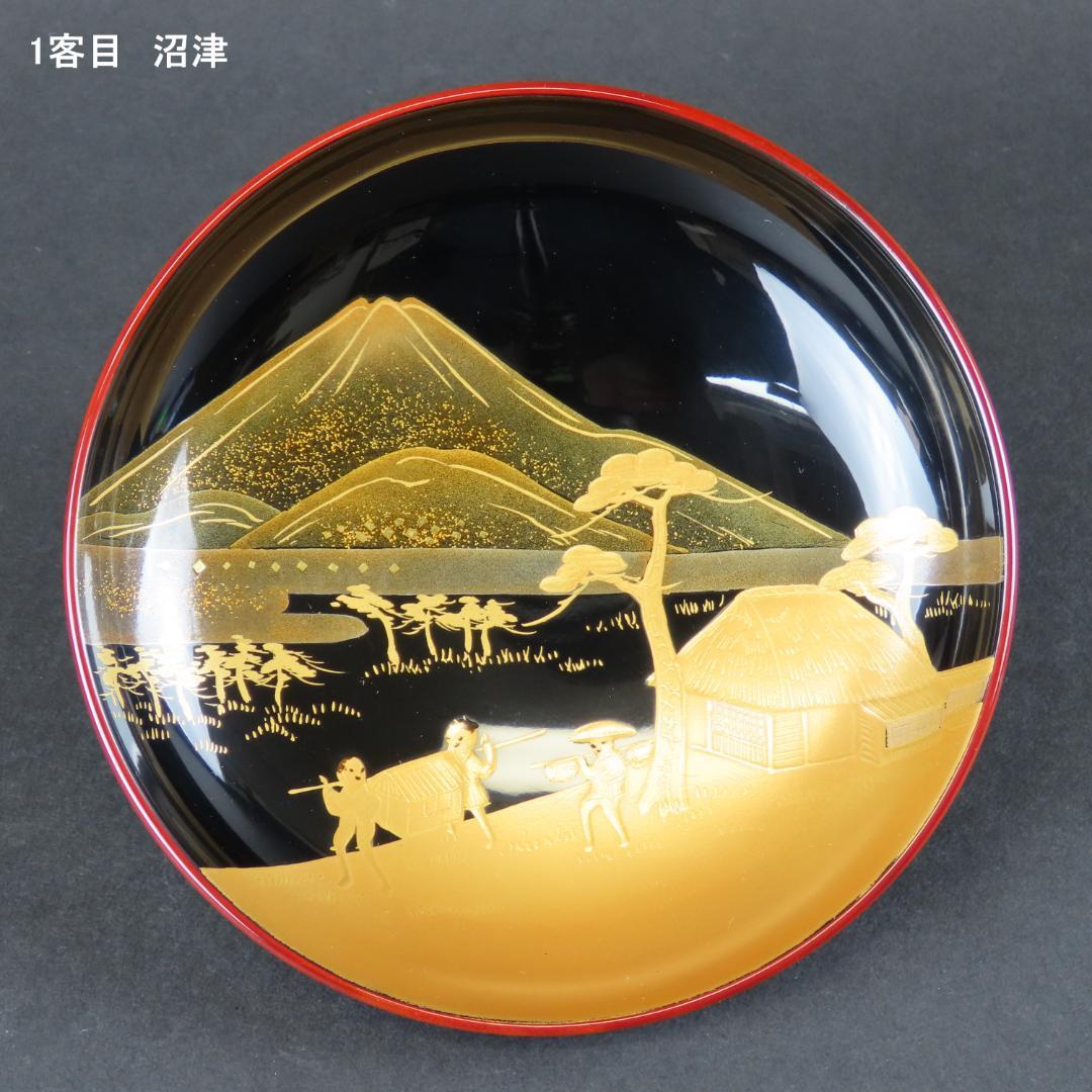 315 美品良好 東海道五十三次図蒔絵 特選越前塗作家 吸物椀５客木製/輪島塗
