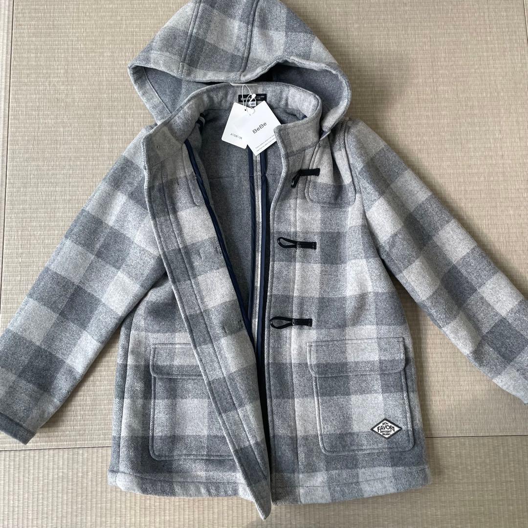 新品タグ付きBEBE べべ140 ダッフルコート　グレーチェック未使用ウール