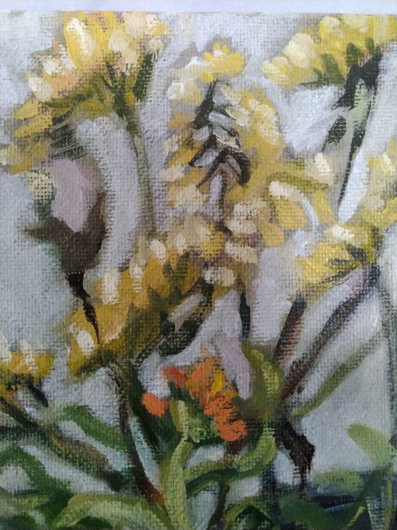 静物画 黒い花瓶 黄色の花