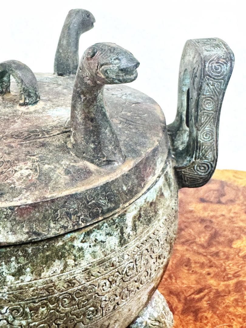 春秋戰國時代 青銅製 蛇蓋刻古文字圓鼎 箱付 古美術 時代品伝世品WWST082