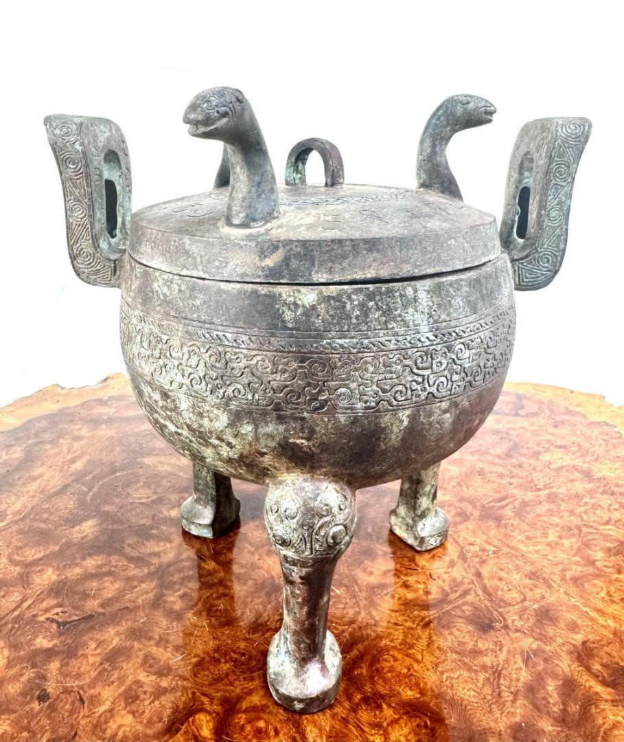 春秋戰國時代 青銅製 蛇蓋刻古文字圓鼎 箱付 古美術 時代品伝世品WWST082