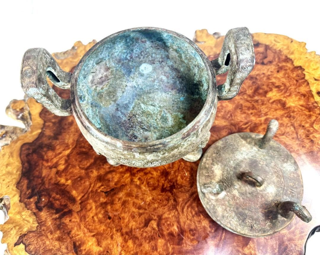 春秋戰國時代 青銅製 蛇蓋刻古文字圓鼎 箱付 古美術 時代品伝世品WWST082