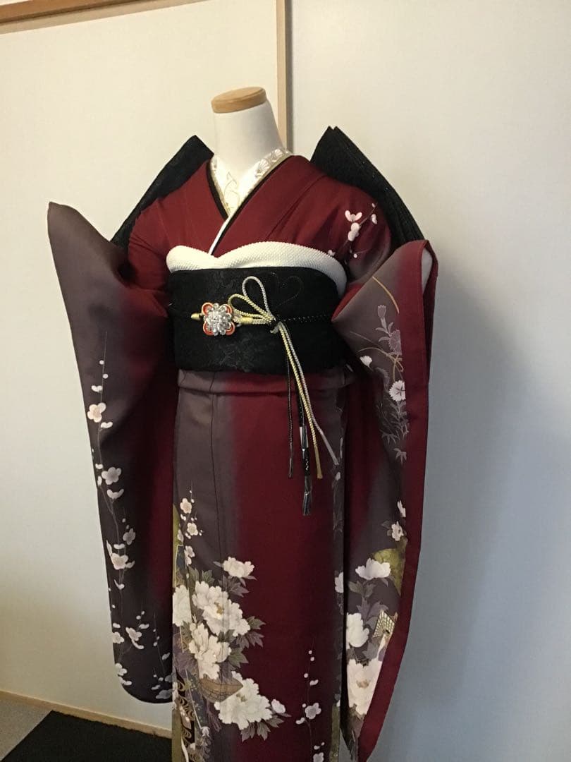 振袖セット　赤　エンジ　牡丹花　金彩　振袖6点セット　正絹　成人式　卒業式