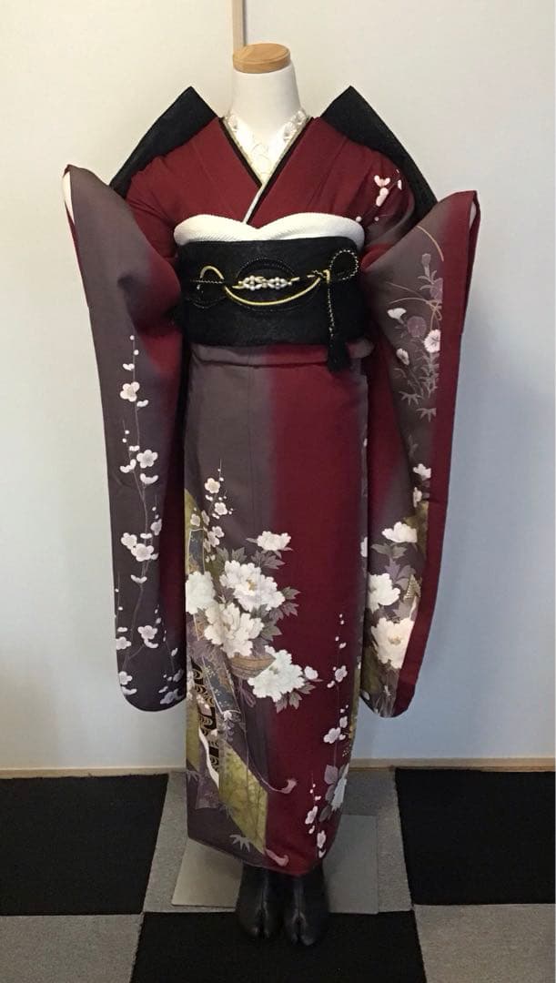 振袖セット　赤　エンジ　牡丹花　金彩　振袖6点セット　正絹　成人式　卒業式