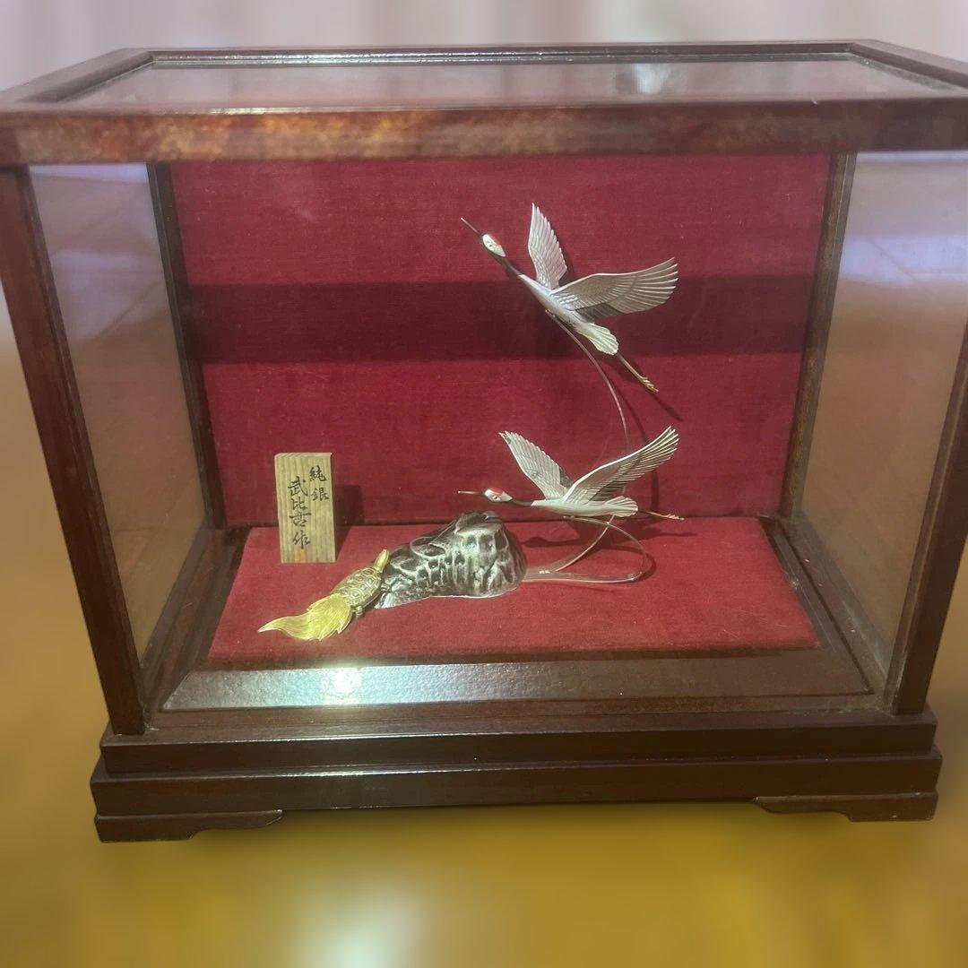 武比古作 純銀製 鶴亀置物