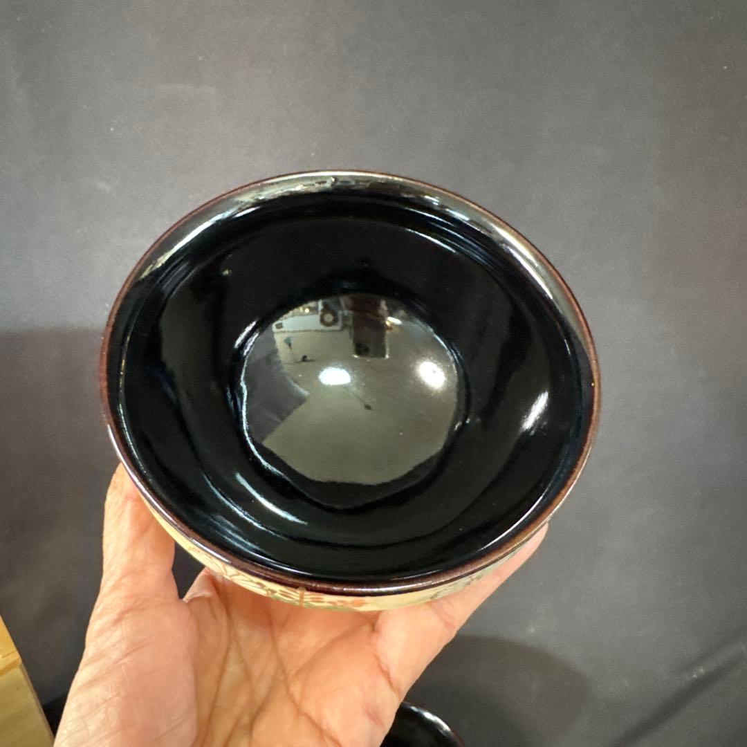 H89 送料無料　数茶碗10客　天目型菊桐文　抹茶碗　茶道具　茶室　昌山　木箱