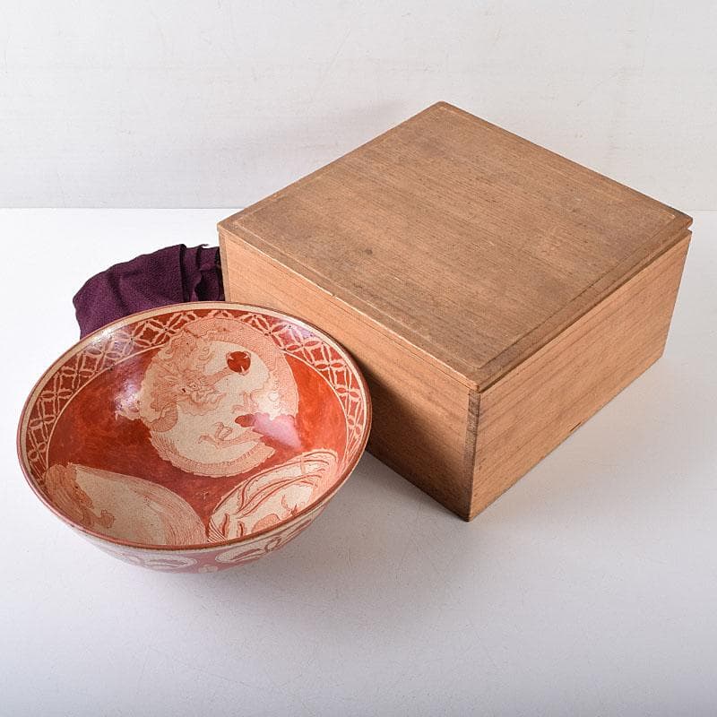 九谷焼　古九谷　八郎手　赤絵　神獣文　鉢　時代箱　M　R8749