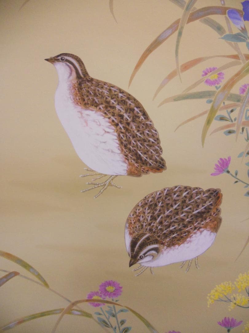 掛け軸 田村竹世 秋草に鶉 ウズラ 絹本 希少 軸装 茶道具 掛軸 美品 です。