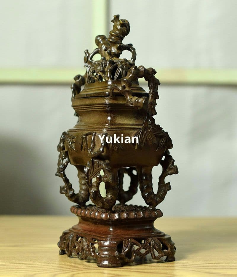 竹節四足二重薫香炉 両耳鼎 薫香炉 茶卓 置物 装飾品 工芸品 美術品