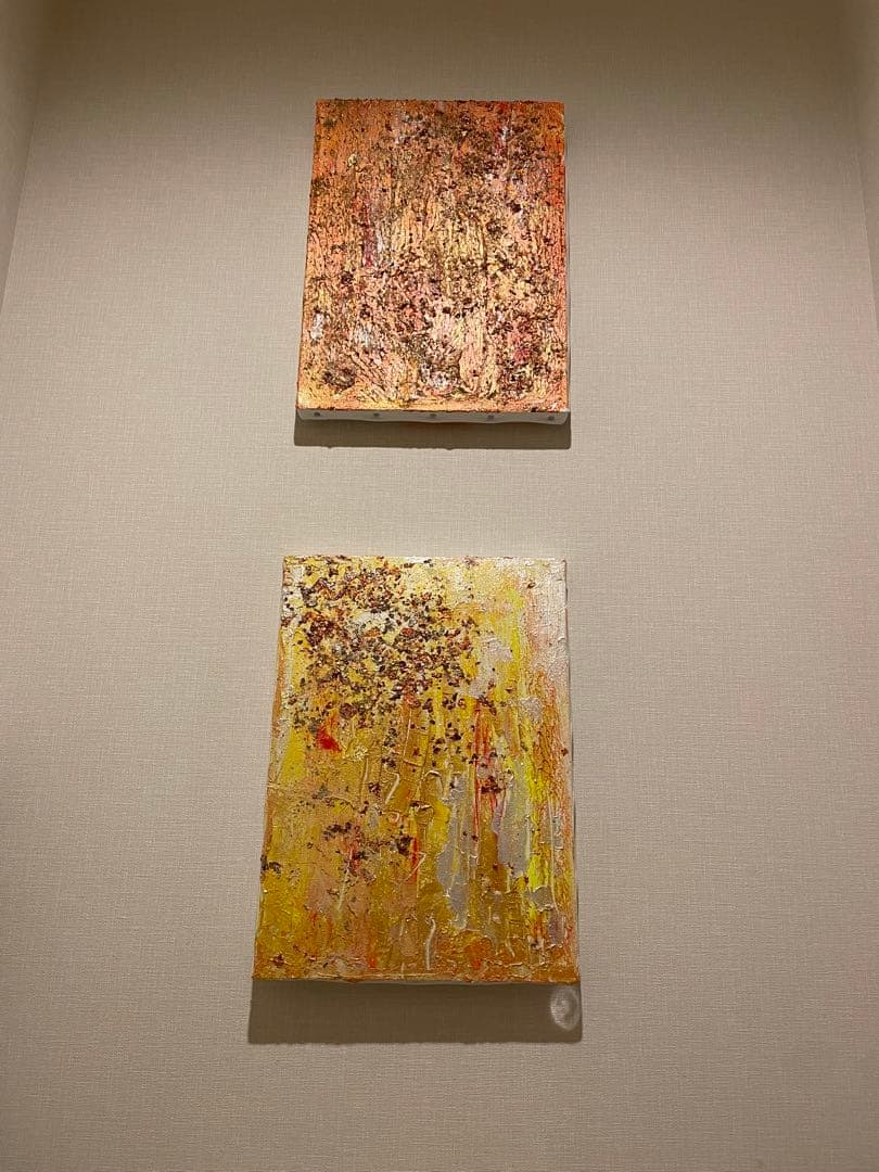 【始日夕陽】抽象アクリル絵画 2点セット　絵画　インテリア　ホテル　風水黄色　金