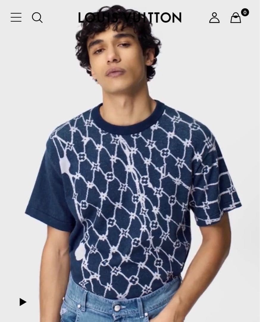 LOUIS VUITTON ヴィトン 網目柄 半袖ニットTシャツ ネイビー M