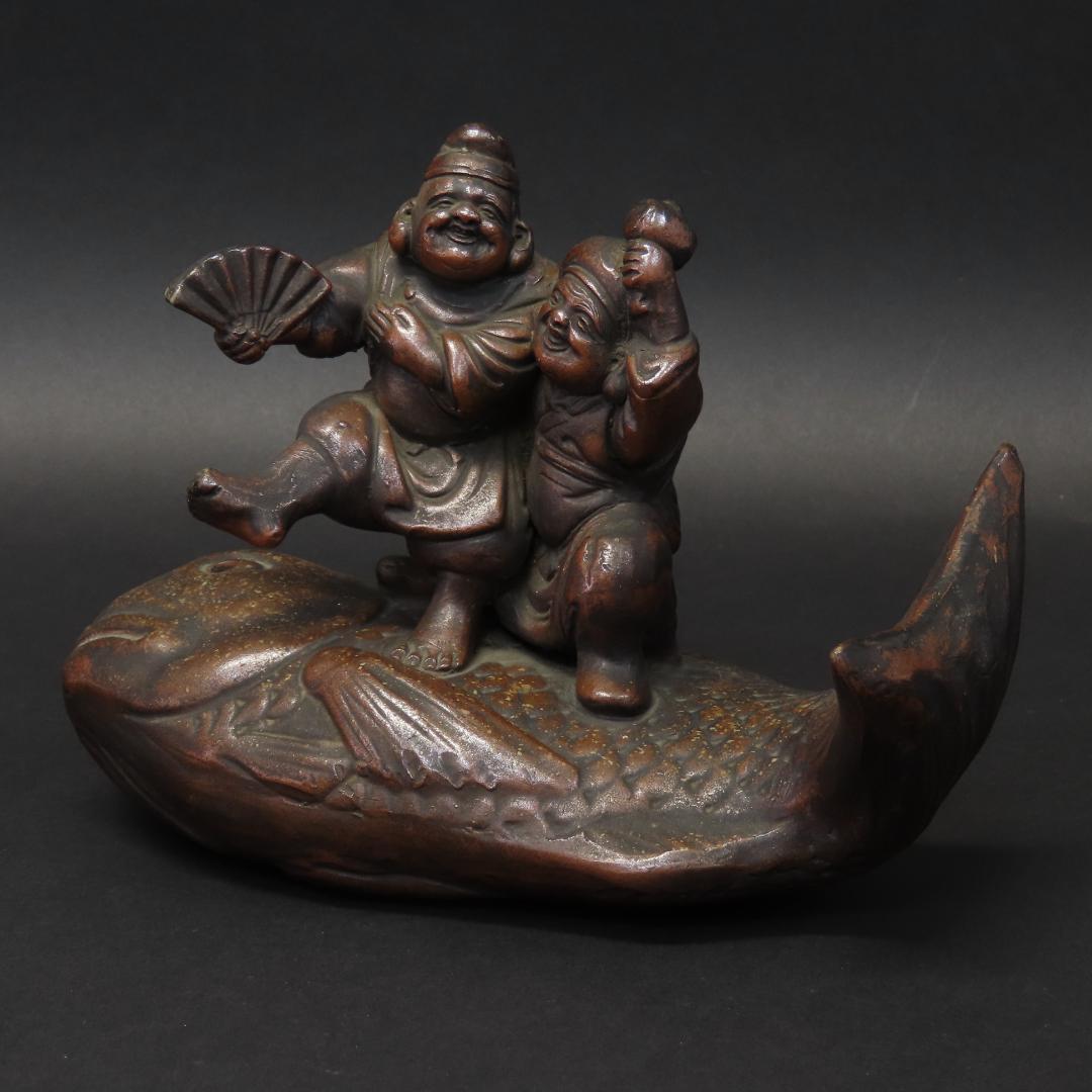 ⭕401 江戸時代末期 古備前焼 珍品 鯛に乗る恵比寿大黒様 高さ14cm