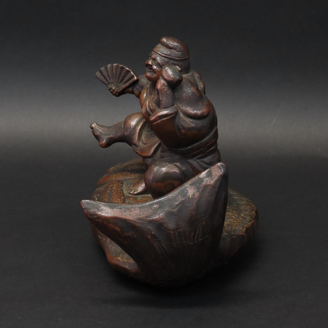 ⭕401 江戸時代末期 古備前焼 珍品 鯛に乗る恵比寿大黒様 高さ14cm