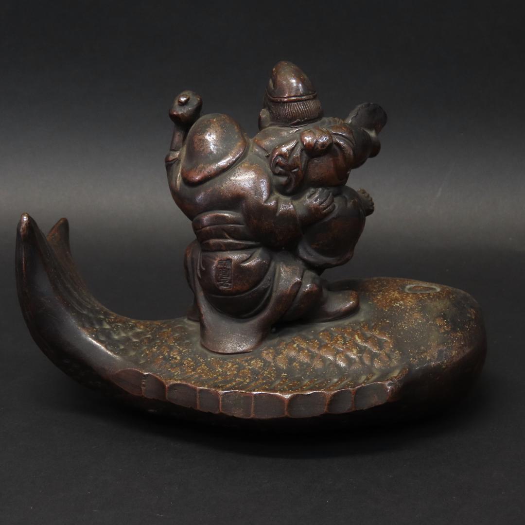 ⭕401 江戸時代末期 古備前焼 珍品 鯛に乗る恵比寿大黒様 高さ14cm